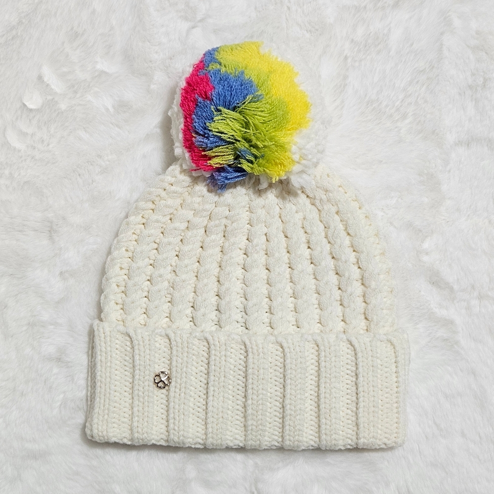 Kate Spade Hat Beanie Cream Wool Blend Marble Pom Pom Cottagecore Colorful Gift